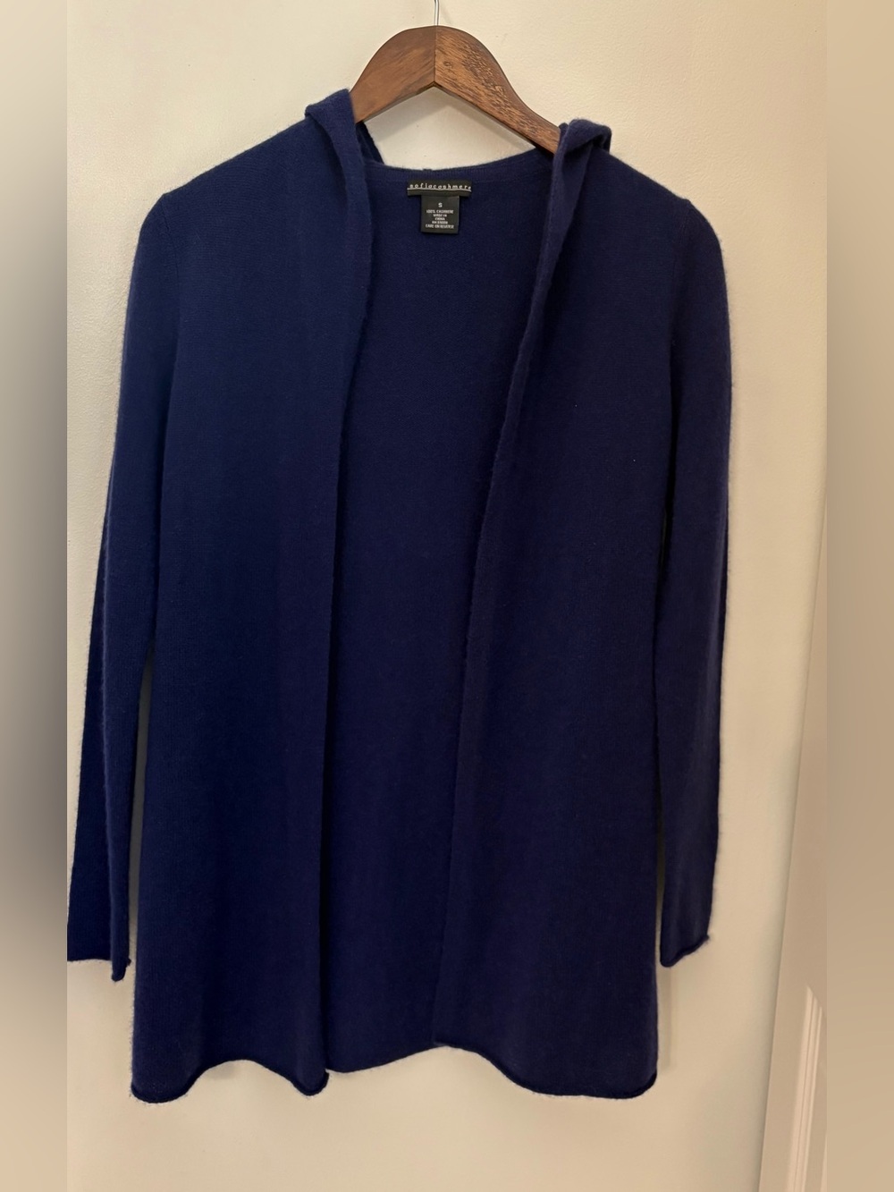 Sofia Cashmere Navy Open-Front Hooded 100% Cashmere Cardigan Size: S